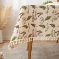 Elegant vintage cotton linen tablecloth with green fern prints and decorative white tassels - Pine Leaf Style / 60x60cm