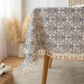 Elegant blue floral print cotton linen tablecloth featuring decorative tassel fringe - Chinese Orchid Style / 60x60cm