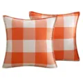 Housse de coussin moderne en lin et coton à carreaux orange et blanc avec point décoratif - Orange
