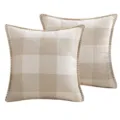 Paire de housses de coussin carrées beiges à carreaux avec bordures décoratives - Blanc Cassé