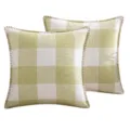 Housses de coussin en lin à carreaux vert sauge avec bordures brodées décoratives - Vert clair