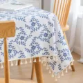 Blue floral cotton linen tablecloth with elegant cream tassels for dining tables. - Blue Flower Vine / 60x60cm