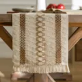 Rustic bohemian woven linen cotton table runner featuring hollow out patterns and tassels - 30x200cm / Three Ropes