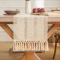 Elegant bohemian cream woven linen cotton table runner with fringe tassels and hollow pattern - 30x200cm / Beige Braided Hair Claw