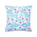 Premium waterproof outdoor pillow cover with vibrant tropical hibiscus and palm leaf print - Blue Pink Floral Leaf