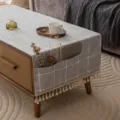 Gray grid geometric dust cover with side pockets and fringe for coffee tables - 40*95cm / Light Gray Medium Grid