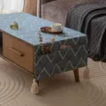 Blue geometric waterproof table runner with decorative tassels and side pockets - Japanese Wave Pattern (Four-Corner Tassels) / 40*95cm / Navy Blue
