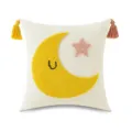 Funda de cojín decorativa de algodón y lino con bordado de luna y estrella y borlas - Luna (Menisco) / 45x45cm