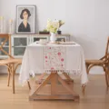 Elegant pastoral cream rectangular tablecloth with red floral embroidery and tassel trim - 90*90cm / Pink & Green
