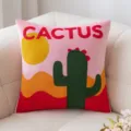 Decorative pink embroidery square pillow with green cactus and yellow sun pattern for home. - Cactus Embroidery (bz0191) / Cover Only (No Insert) / Cactus