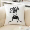 White decorative pillowcase featuring artistic black flower embroidery in towel stitch - 45x45cm / Flower