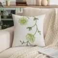 Funda de cojín estilo pastoral americano con bordado floral verde sobre tela de lino beige - 45x45cm / Verde