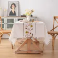 Rural style rectangular tablecloth with floral embroidery and white tassels - 60*60cm / Red Brown