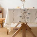 Embroidered linen tablecloth with tassels in cream white - Blue Floral