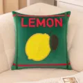 Green velvet square pillow with vibrant lemon fruit embroidery and red LEMON text - Fat Lemon Embroidery (bz0191) / Cover Only (No Insert) / Fat Lemon