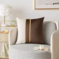 Luxury brown and cream velvet patchwork cushion cover with decorative gold stripes - 45x45cm / Dark Coffee