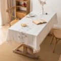 Elegant cream white embroidered rectangular tablecloth with vintage tassel fringe edge - Pink Floral