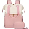 Eleganter cremefarbener und rosa Laptop-Rucksack für Damen mit passender Zubehörtasche - Neues Farbblock 2-teiliges Set (inkl. Kosmetiktasche) / Cremeweiß & Rosa