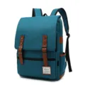Teal canvas laptop backpack with vintage brown leather straps and classic design patch - Teal