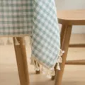 Πράσινο καρό βαμβακερό λινό τραπεζομάντιλο με κομψές λεπτομέρειες από φούντες - 60*60cm / Ανοιχτό μπλε