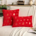 Red plush Christmas pillowcase with gold sequin tree and snowflake embroidery - 30x50cm / Red Gold