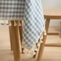 Blue and white checkered cotton linen tablecloth with elegant white tassels detail - 60*60cm / Sky Blue