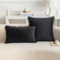 Fundas de cojín de terciopelo negro con borde de pompones, cuadradas y rectangulares - Solo Funda (Sin Relleno) / 45x45cm / Negro
