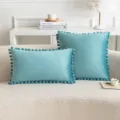 Funda de cojín de terciopelo verde azulado con flecos de pompones, funda de felpa suave - 30x50cm(Solo funda) / Cerceta