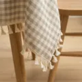 Beige checkered cotton linen tablecloth with elegant white tassel fringe accents - 90*90cm / Light Coffee
