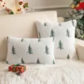Soft white faux rabbit fur throw pillowcase with green Christmas tree embroidery - Embroidered Christmas Tree (No Core) / 30x50cm