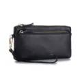 Pochette élégante en cuir grainé noir avec plusieurs compartiments zippés et dragonne. - Pochette Grande Capacité Motif Lychee (SL-017) / Noir