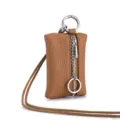 Genuine brown leather mini neck pouch coin purse with silver zipper and lanyard. - Caramel Brown