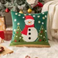 Premium green velvet Christmas cushion cover with embroidered snowman and trees - Christmas Snowman (Velvet Texture) / 45x45cm Without Insert