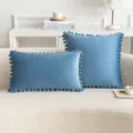 Fundas de cojín de terciopelo azul polvo con bordes decorativos de pompones para sofá - 30x50cm(Solo funda) / Azul Agua