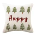 White faux fur pillowcase with embroidered Christmas trees and red Happy lettering - Happy Embroidered Tree (No Core) / 45x45cm