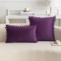Funda de almohada decorativa de terciopelo morado con bordes de pompones para sofá - Solo Funda (Sin Relleno) / 30x50cm / Púrpura berenjena