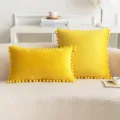 Fundas de cojín de terciopelo amarillo con ribete de flecos de pompones decorativos - Solo Funda (Sin Relleno) / 30x50cm / Amarillo Mostaza
