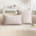 Funda de cojín de terciopelo taupe con ribete de pompones para decoración de sofá - Solo Funda (Sin Relleno) / 30x50cm / Champaña