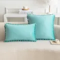 Fundas de cojín de terciopelo verde azulado con flecos de pompones para sofá de salón - Solo Funda (Sin Relleno) / 30x50cm / Verde Agua
