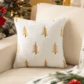 Plush white faux rabbit fur pillowcase featuring gold embroidered Christmas trees - White Base Gold Tree (No Core)