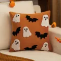 Orange Halloween pillow cover with embroidered ghost and bat patterns for home decor - 45x45cm(Cover Only) / Orange (Ghost Bat Style)