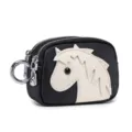 Small black genuine leather coin purse featuring a white horse head design and double zipper - Black