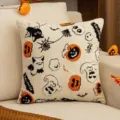 Festive Halloween embroidered throw pillow cover with pumpkin and ghost patterns - 45x45cm(Cover Only) / Beige (Bat Cat & Ghost Style)