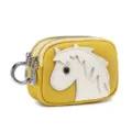 Compact yellow leather coin purse featuring a cartoon horse applique and double zippers - Chick Yellow