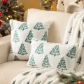 Plush white faux fur pillowcase set with embroidered teal Christmas tree designs - Embroidered Pine Tree (No Core)
