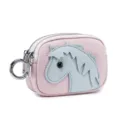 Compact pink genuine leather coin purse with cartoon horse patch and double zippers - Dreamy Purple