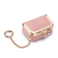 Mini pink pebbled leather jewelry pouch with gold clasp and functional chain keychain - Pink