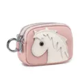 Compact cartoon horse pink genuine leather double zipper coin purse with metal keychain clip - Pink