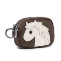 Compact brown leather coin purse featuring a cartoon horse design and double zippers - Chocolate