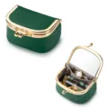 Mini portagioie portatile in pelle verde smeraldo con specchio per anelli e rossetti - Verde